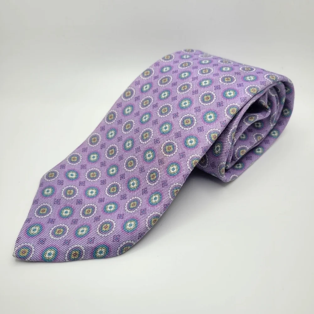 Umbria Made in England Silk Cotton Blend Purple Geometric Circles Men's Tie